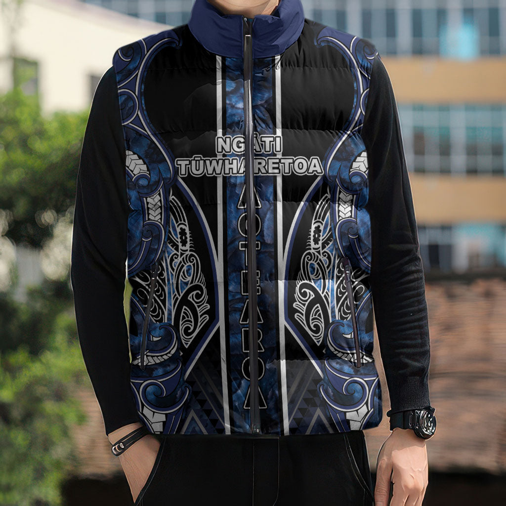 Aotearoa Tuwharetoa Sleeveless Puffer Jacket Maori Tribal Navy Paua Shell Pattern DT05 - Polynesian Pride