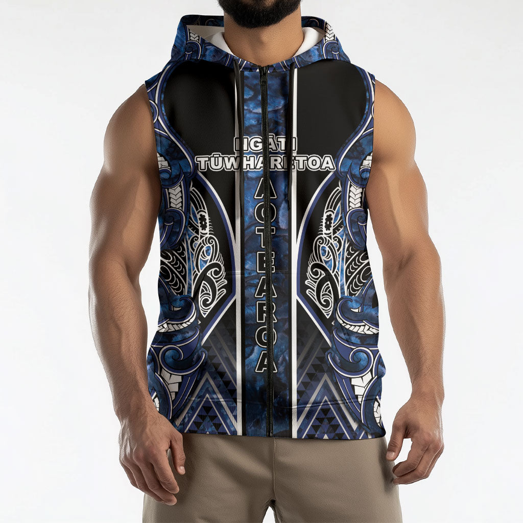 Aotearoa Tuwharetoa Sleeveless Zip Hoodie Maori Tribal Navy Paua Shell Pattern DT05 - Polynesian Pride