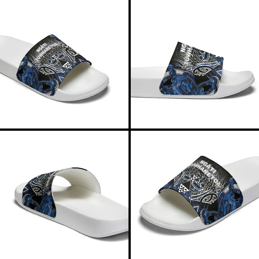 Aotearoa Tuwharetoa Slide Sandals Maori Tribal Navy Paua Shell Pattern DT05 - Polynesian Pride