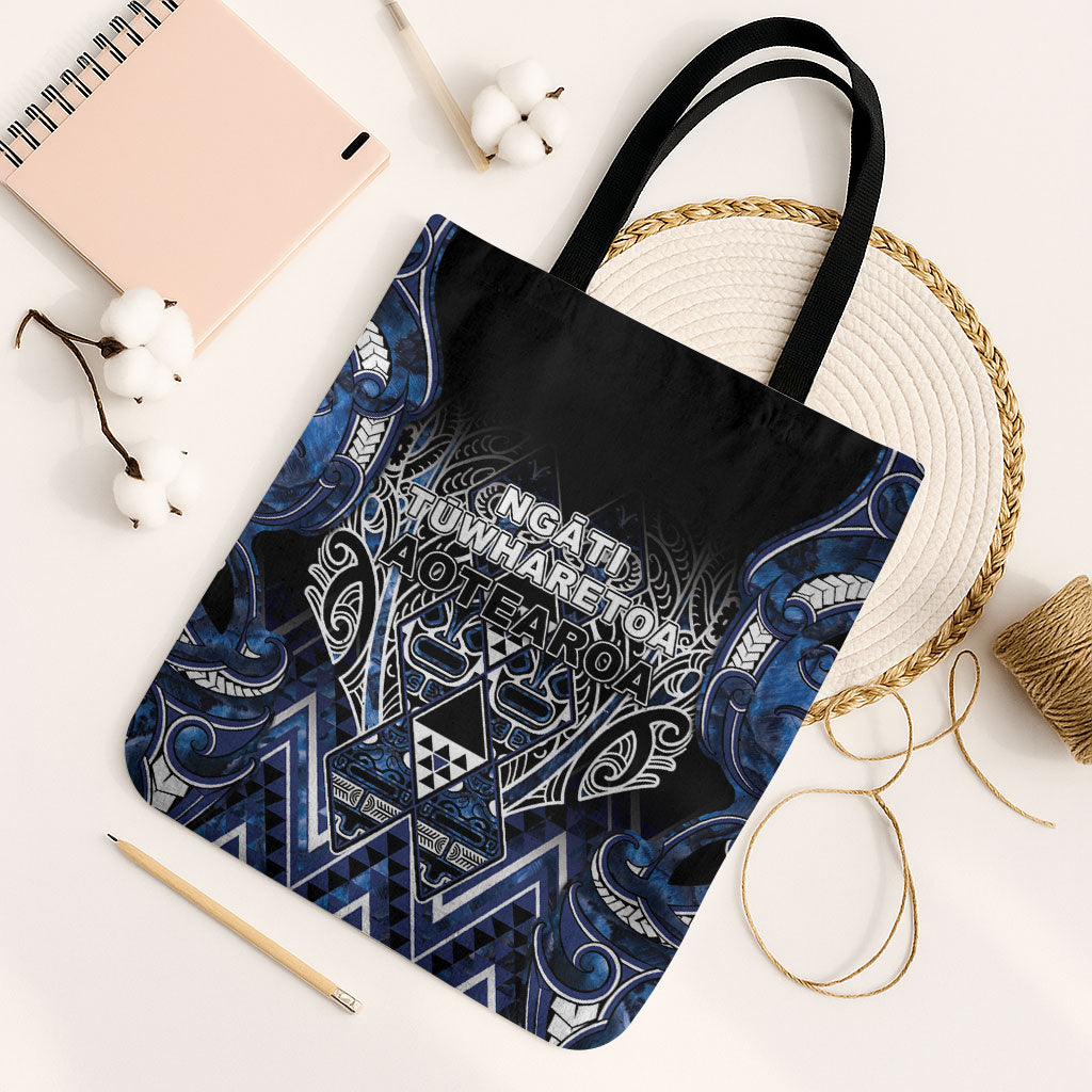 Aotearoa Tuwharetoa Tote Bag Maori Tribal Navy Paua Shell Pattern DT05 Black Strap One Size Navy - Polynesian Pride