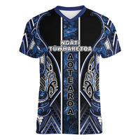 Aotearoa Tuwharetoa Women V-Neck T-Shirt Maori Tribal Navy Paua Shell Pattern DT05 Female Navy - Polynesian Pride