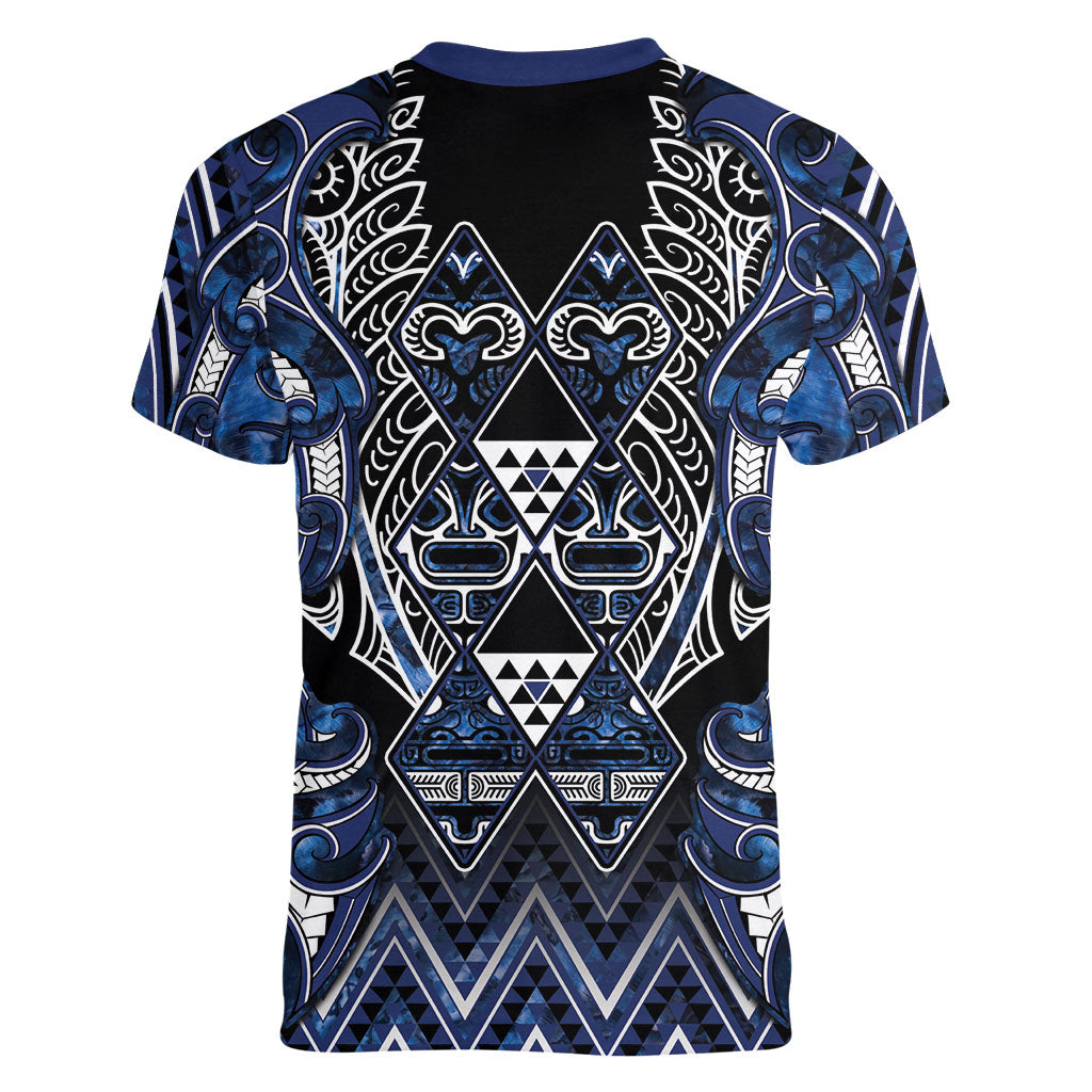 Aotearoa Tuwharetoa Women V-Neck T-Shirt Maori Tribal Navy Paua Shell Pattern DT05 - Polynesian Pride