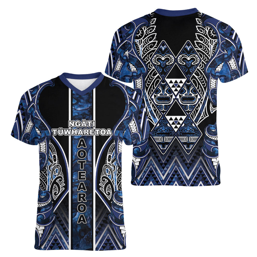 Aotearoa Tuwharetoa Women V-Neck T-Shirt Maori Tribal Navy Paua Shell Pattern DT05 - Polynesian Pride