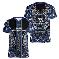 Aotearoa Tuwharetoa Women V-Neck T-Shirt Maori Tribal Navy Paua Shell Pattern DT05 - Polynesian Pride