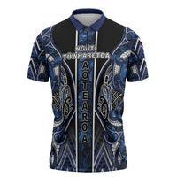 Aotearoa Tuwharetoa Zipper Polo Shirt Maori Tribal Navy Paua Shell Pattern DT05 Navy - Polynesian Pride