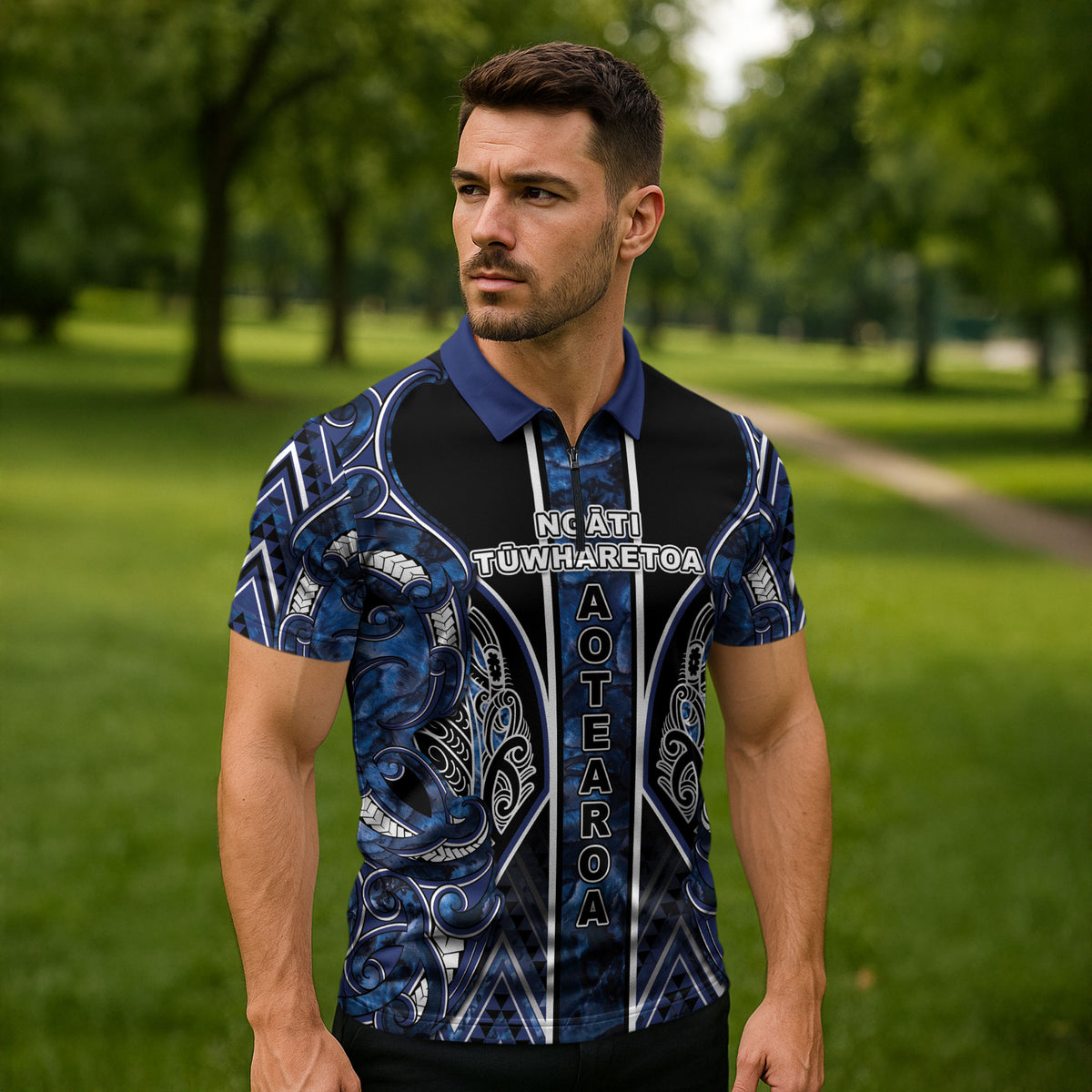 Aotearoa Tuwharetoa Zipper Polo Shirt Maori Tribal Navy Paua Shell Pattern DT05 - Polynesian Pride