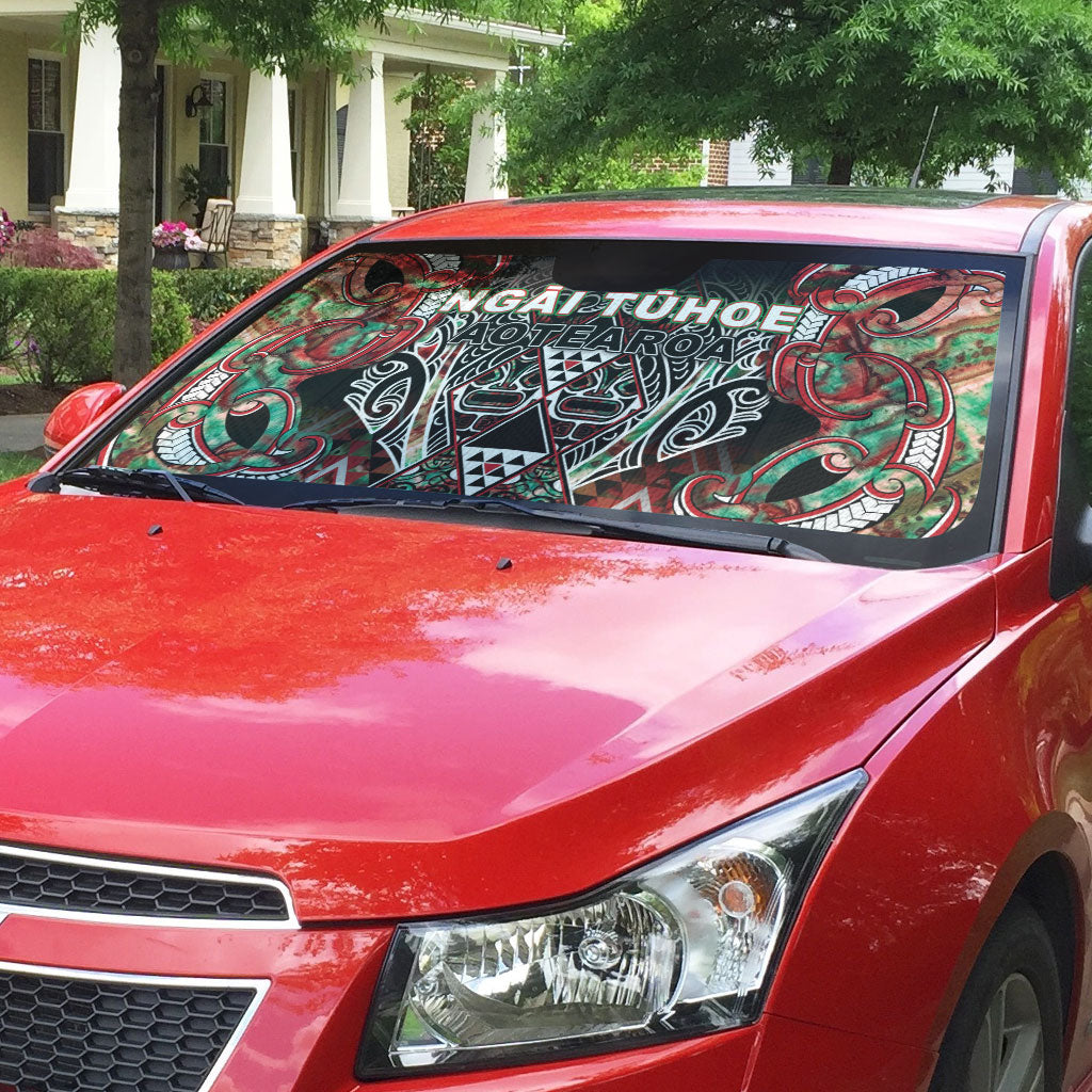 Aotearoa Ngai Tuhoe Auto Sun Shade Maori Tribal Red And Green Paua Shell Pattern DT05 - Polynesian Pride