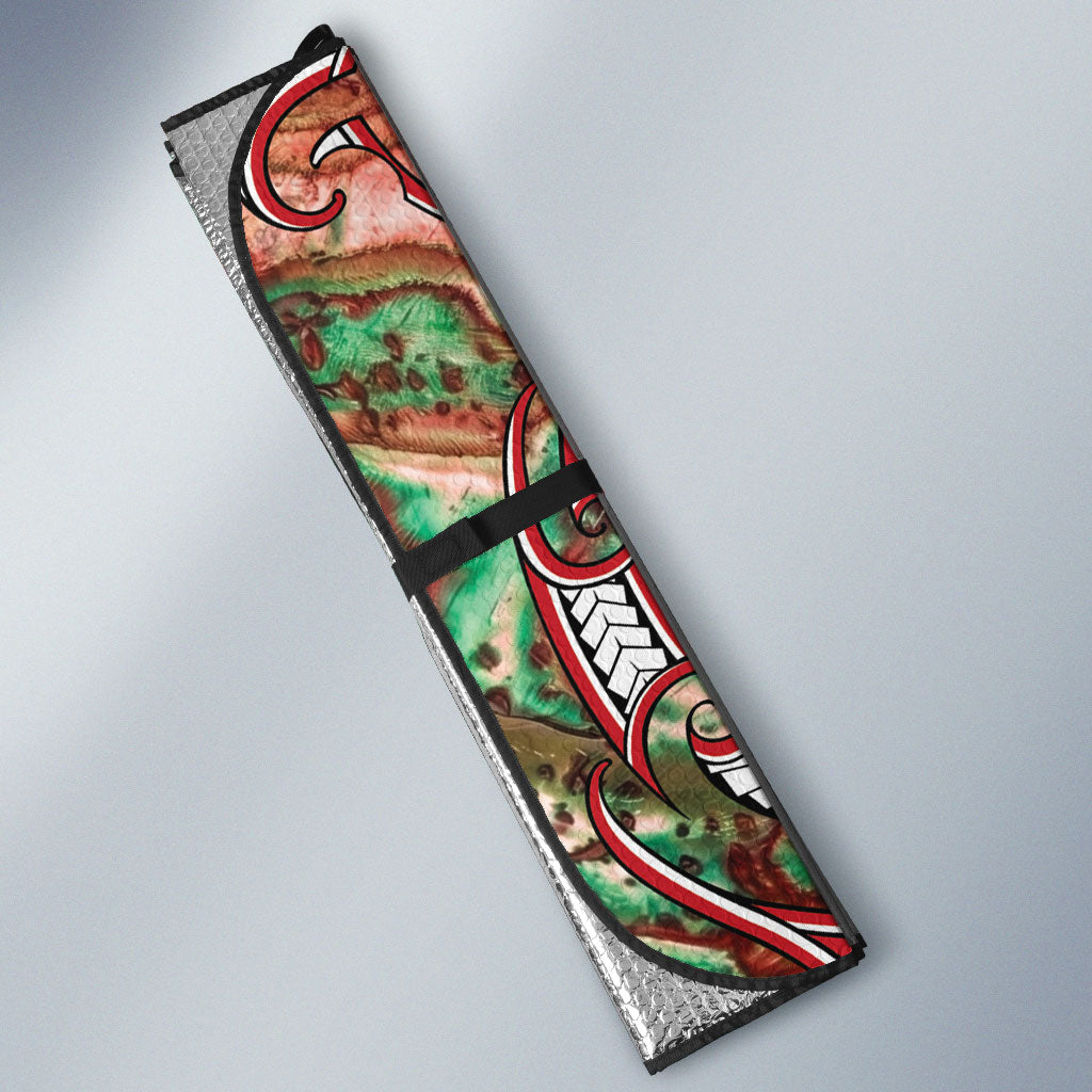 Aotearoa Ngai Tuhoe Auto Sun Shade Maori Tribal Red And Green Paua Shell Pattern DT05 - Polynesian Pride