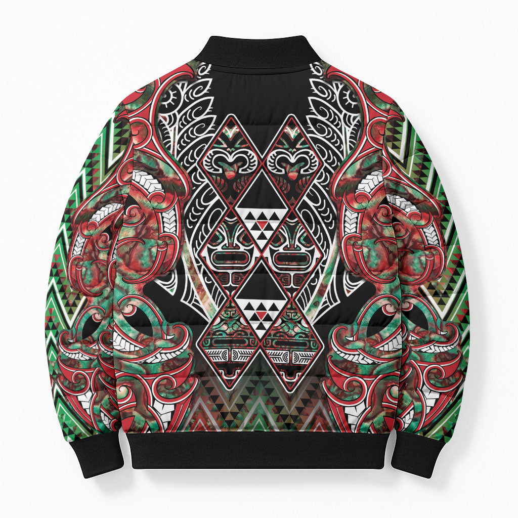 Aotearoa Ngai Tuhoe Bomber Puffer Jacket Maori Tribal Red And Green Paua Shell Pattern DT05 - Polynesian Pride