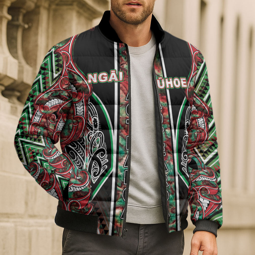 Aotearoa Ngai Tuhoe Bomber Puffer Jacket Maori Tribal Red And Green Paua Shell Pattern DT05 - Polynesian Pride