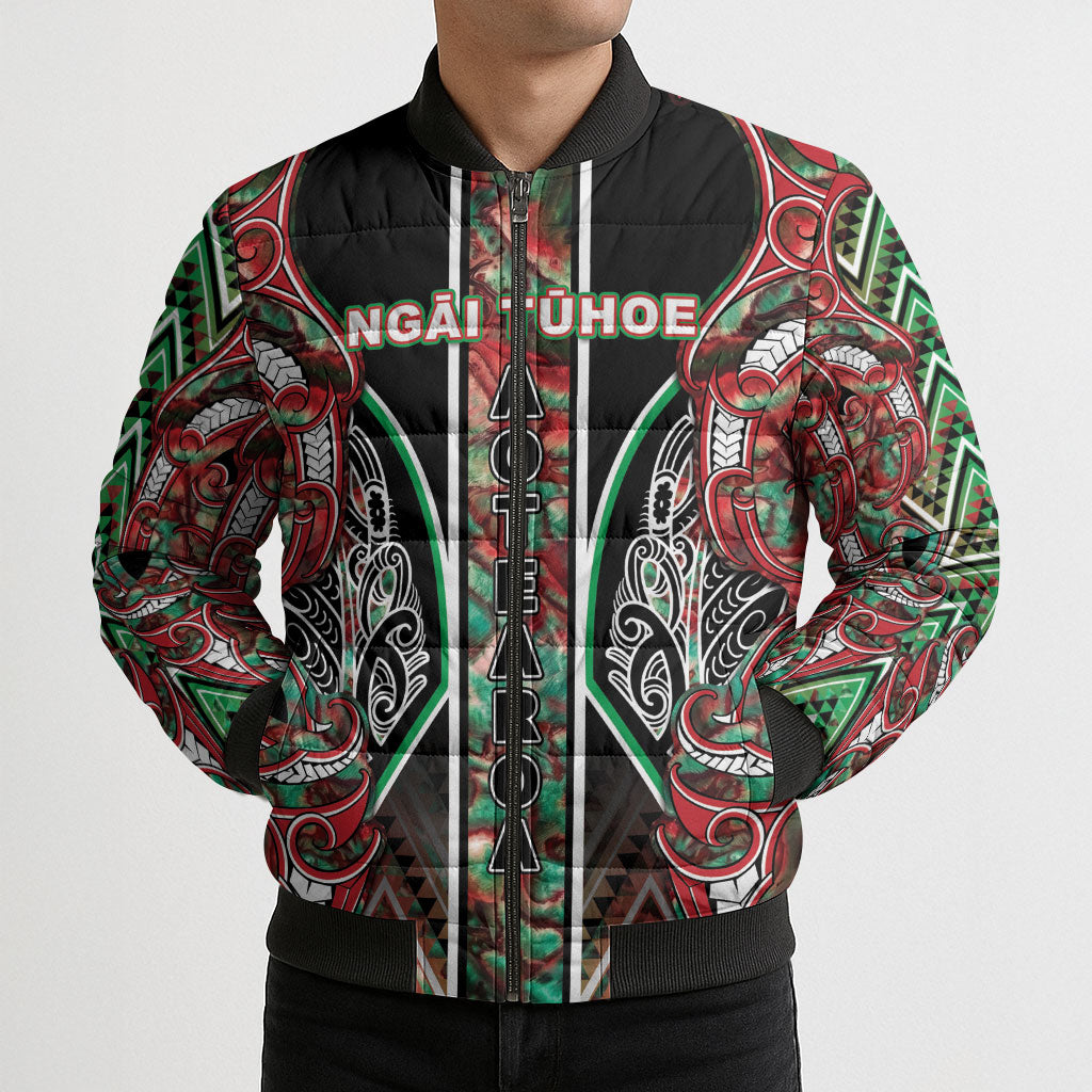 Aotearoa Ngai Tuhoe Bomber Puffer Jacket Maori Tribal Red And Green Paua Shell Pattern DT05 - Polynesian Pride