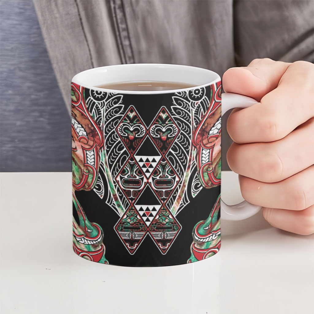 Aotearoa Ngai Tuhoe Ceramic Mug Maori Tribal Red And Green Paua Shell Pattern DT05 - Polynesian Pride