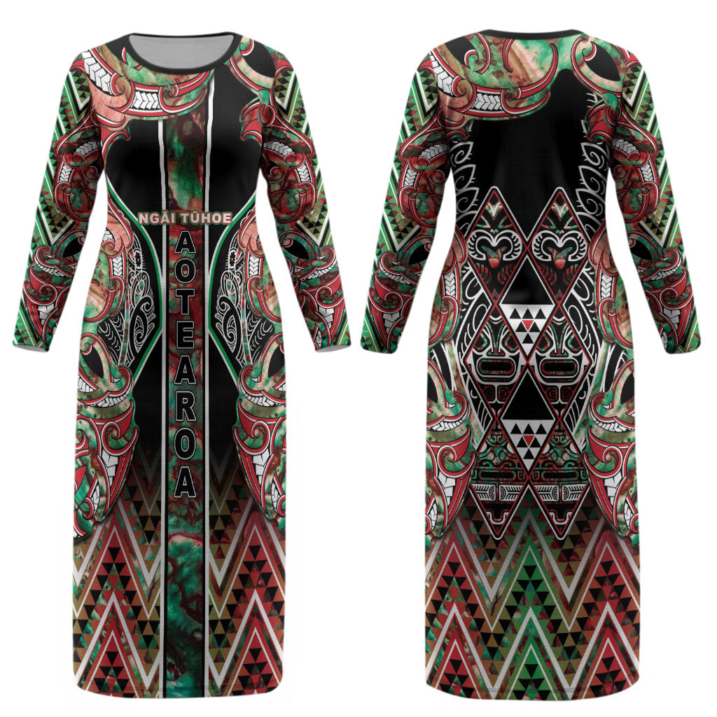 Aotearoa Ngai Tuhoe Couples Matching Long Sleeve Bodycon Dress and Hawaiian Shirt Maori Tribal Red And Green Paua Shell Pattern DT05 - Polynesian Pride