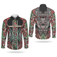 Aotearoa Ngai Tuhoe Couples Matching Off Shoulder Maxi Dress and Long Sleeve Button Shirt Maori Tribal Red And Green Paua Shell Pattern DT05 - Polynesian Pride