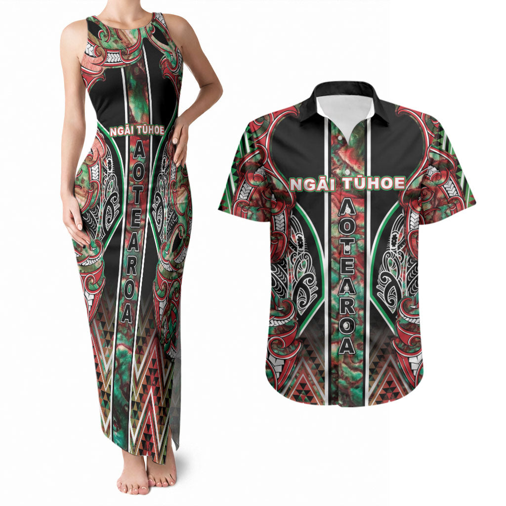 Aotearoa Ngai Tuhoe Couples Matching Tank Maxi Dress and Hawaiian Shirt Maori Tribal Red And Green Paua Shell Pattern DT05 Red - Polynesian Pride