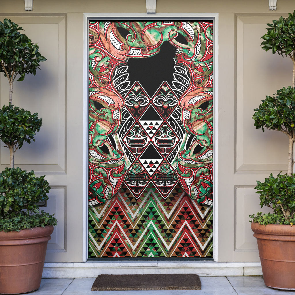 Aotearoa Ngai Tuhoe Door Cover Maori Tribal Red And Green Paua Shell Pattern DT05 Red - Polynesian Pride