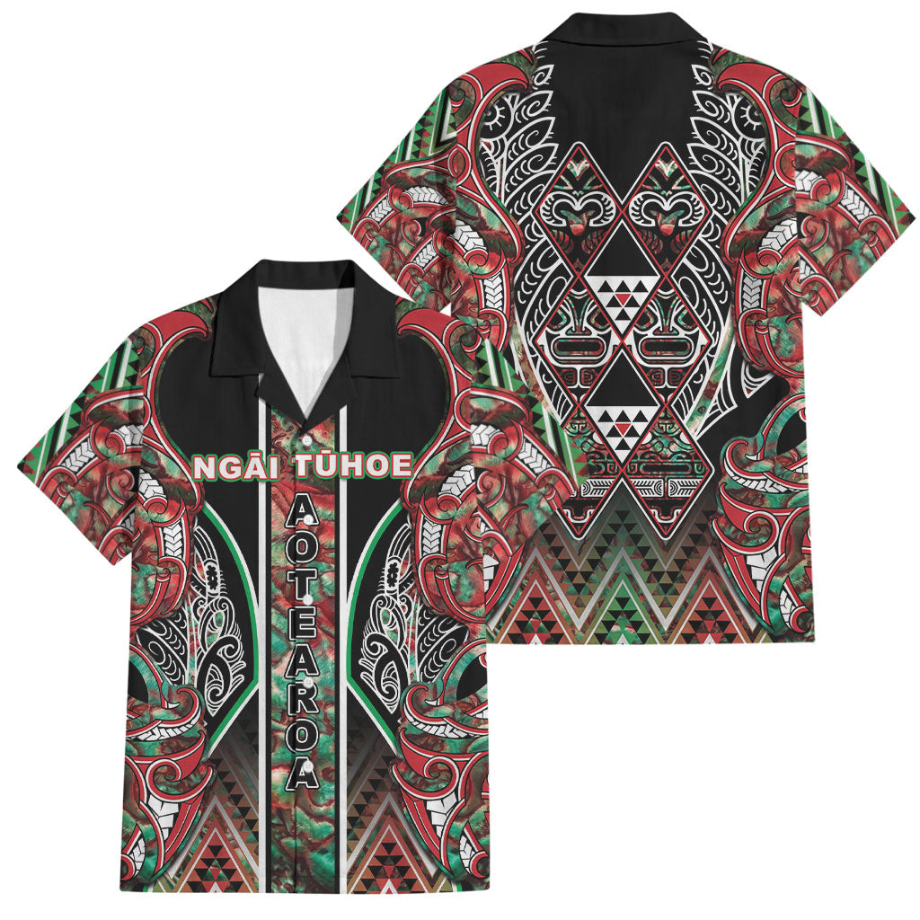 Aotearoa Ngai Tuhoe Family Matching Puletasi and Hawaiian Shirt Maori Tribal Red And Green Paua Shell Pattern DT05 Dad's Shirt - Short Sleeve Red - Polynesian Pride