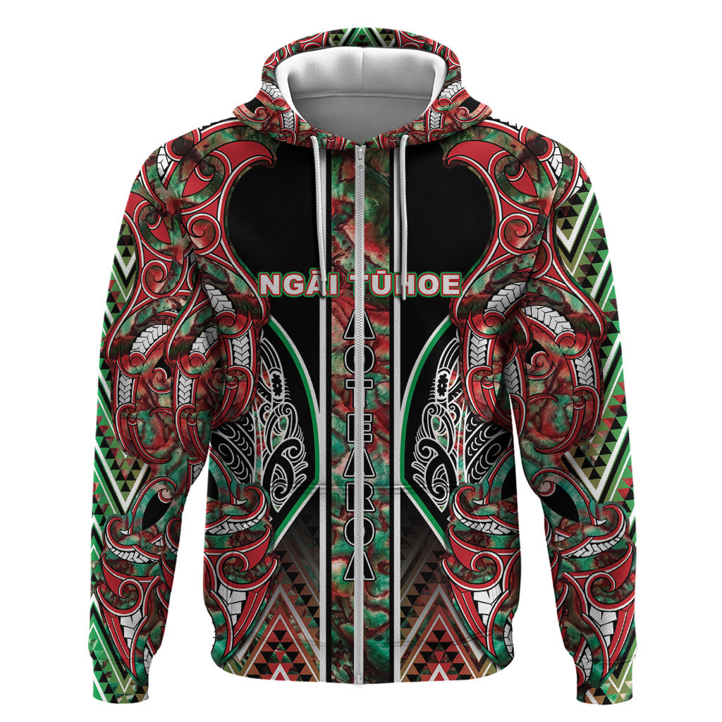 Aotearoa Ngai Tuhoe Hoodie Maori Tribal Red And Green Paua Shell Pattern DT05 Zip Hoodie Red - Polynesian Pride