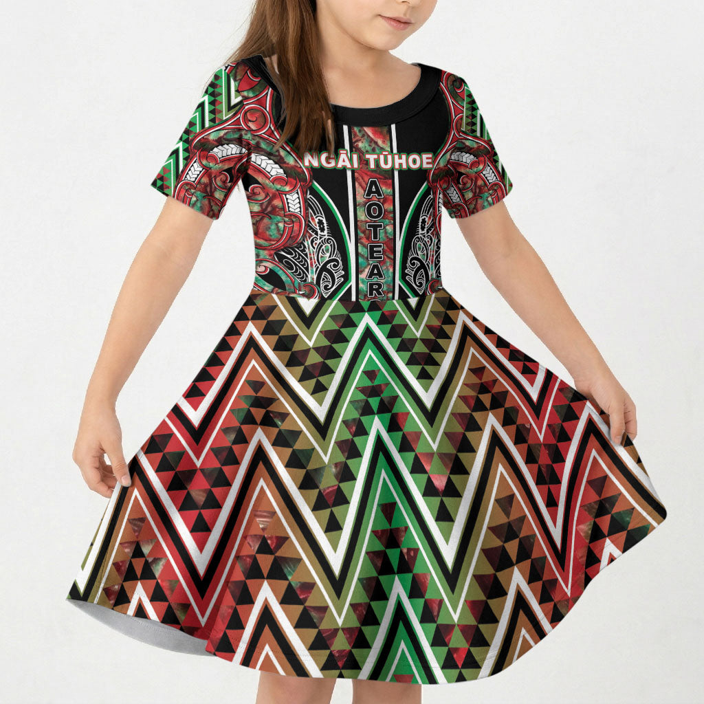 Aotearoa Ngai Tuhoe Kid Short Sleeve Dress Maori Tribal Red And Green Paua Shell Pattern DT05 KID Red - Polynesian Pride