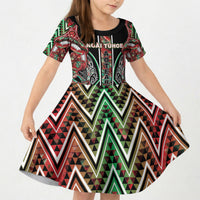 Aotearoa Ngai Tuhoe Kid Short Sleeve Dress Maori Tribal Red And Green Paua Shell Pattern DT05 KID Red - Polynesian Pride