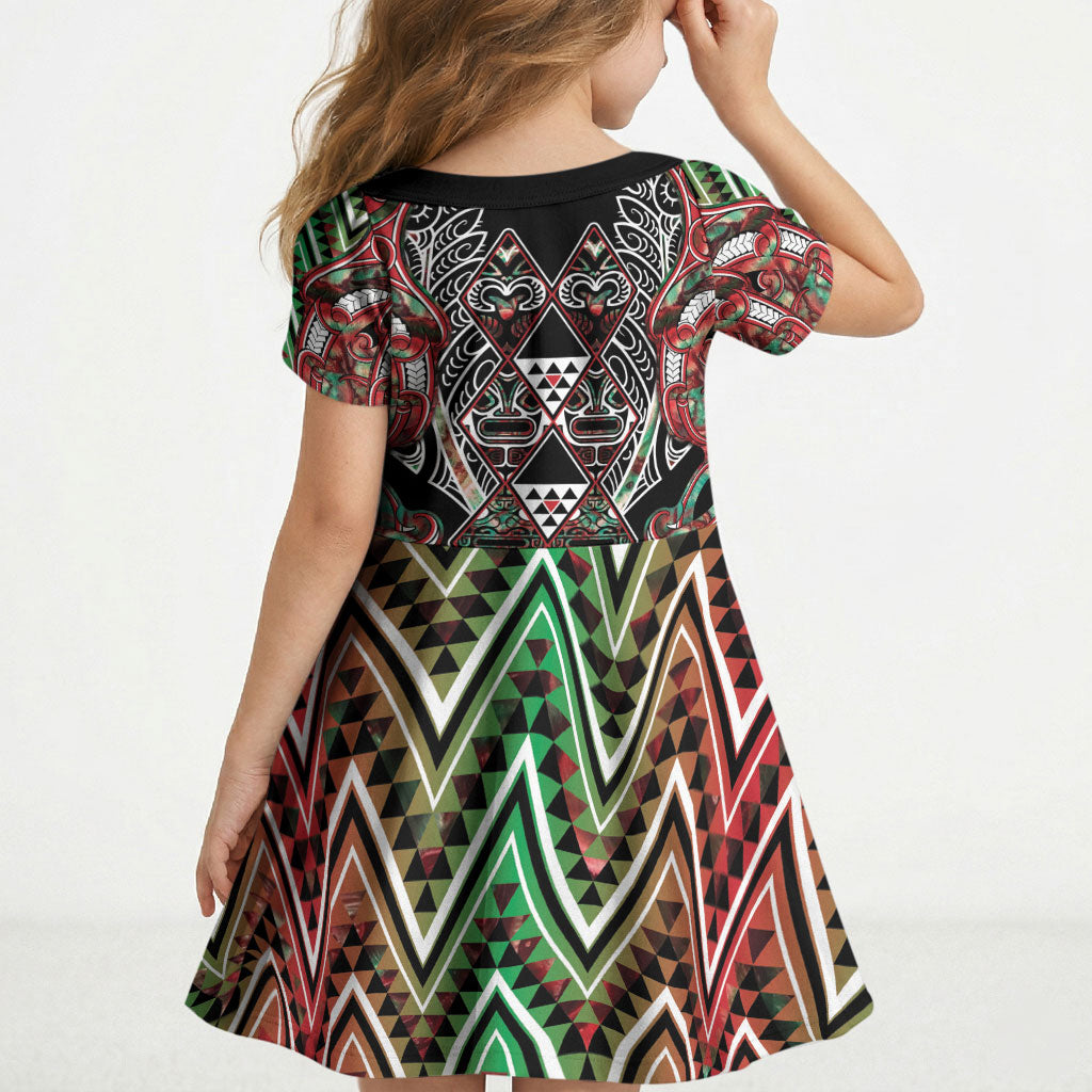 Aotearoa Ngai Tuhoe Kid Short Sleeve Dress Maori Tribal Red And Green Paua Shell Pattern DT05 - Polynesian Pride