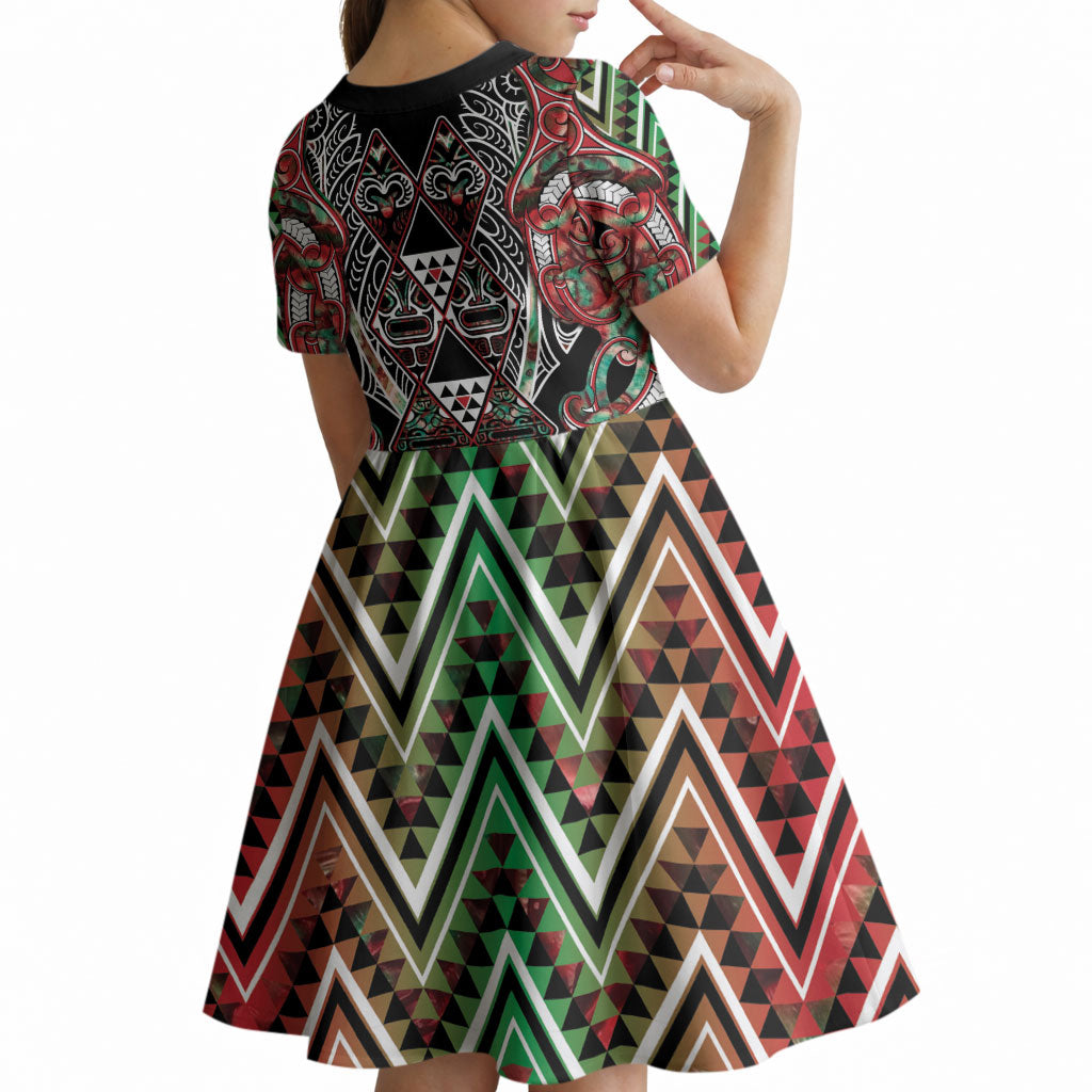Aotearoa Ngai Tuhoe Kid Short Sleeve Dress Maori Tribal Red And Green Paua Shell Pattern DT05 - Polynesian Pride