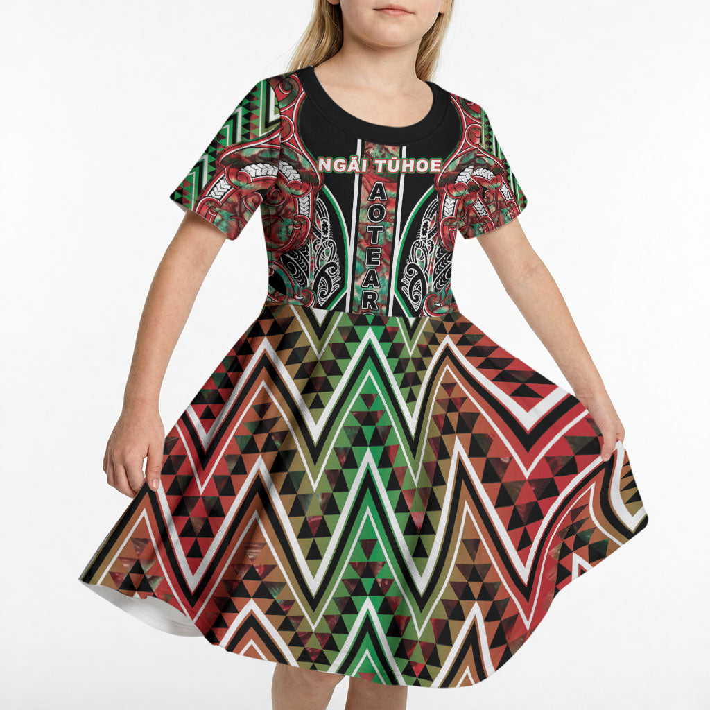 Aotearoa Ngai Tuhoe Kid Short Sleeve Dress Maori Tribal Red And Green Paua Shell Pattern DT05 - Polynesian Pride