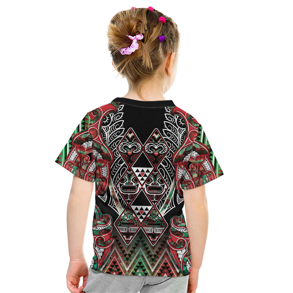 Aotearoa Ngai Tuhoe Kid T Shirt Maori Tribal Red And Green Paua Shell Pattern DT05 - Polynesian Pride