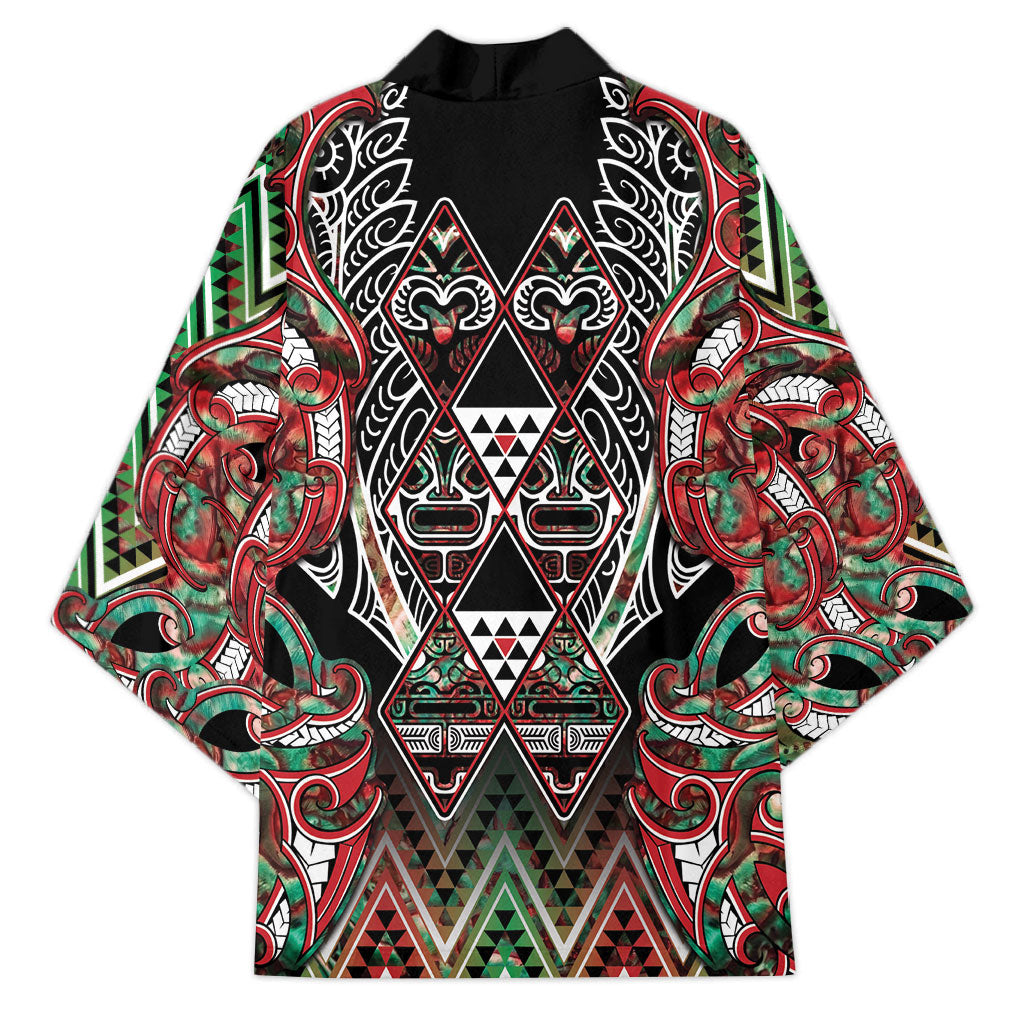Aotearoa Ngai Tuhoe Kimono Maori Tribal Red And Green Paua Shell Pattern DT05 - Polynesian Pride