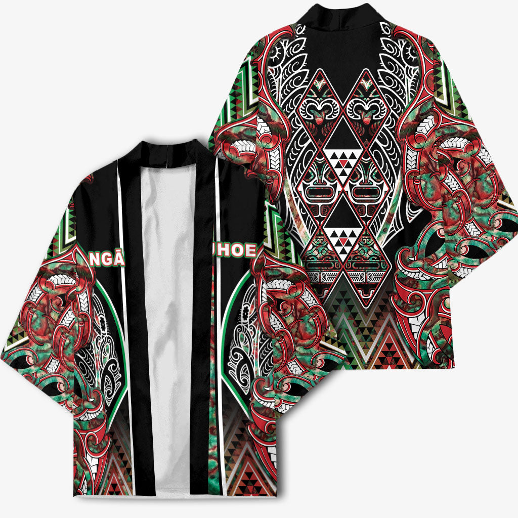 Aotearoa Ngai Tuhoe Kimono Maori Tribal Red And Green Paua Shell Pattern DT05 - Polynesian Pride
