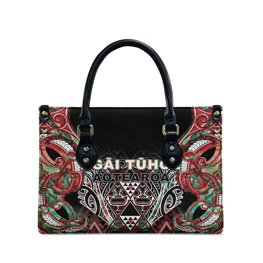 Aotearoa Ngai Tuhoe Leather Bag Maori Tribal Red And Green Paua Shell Pattern DT05 - Polynesian Pride
