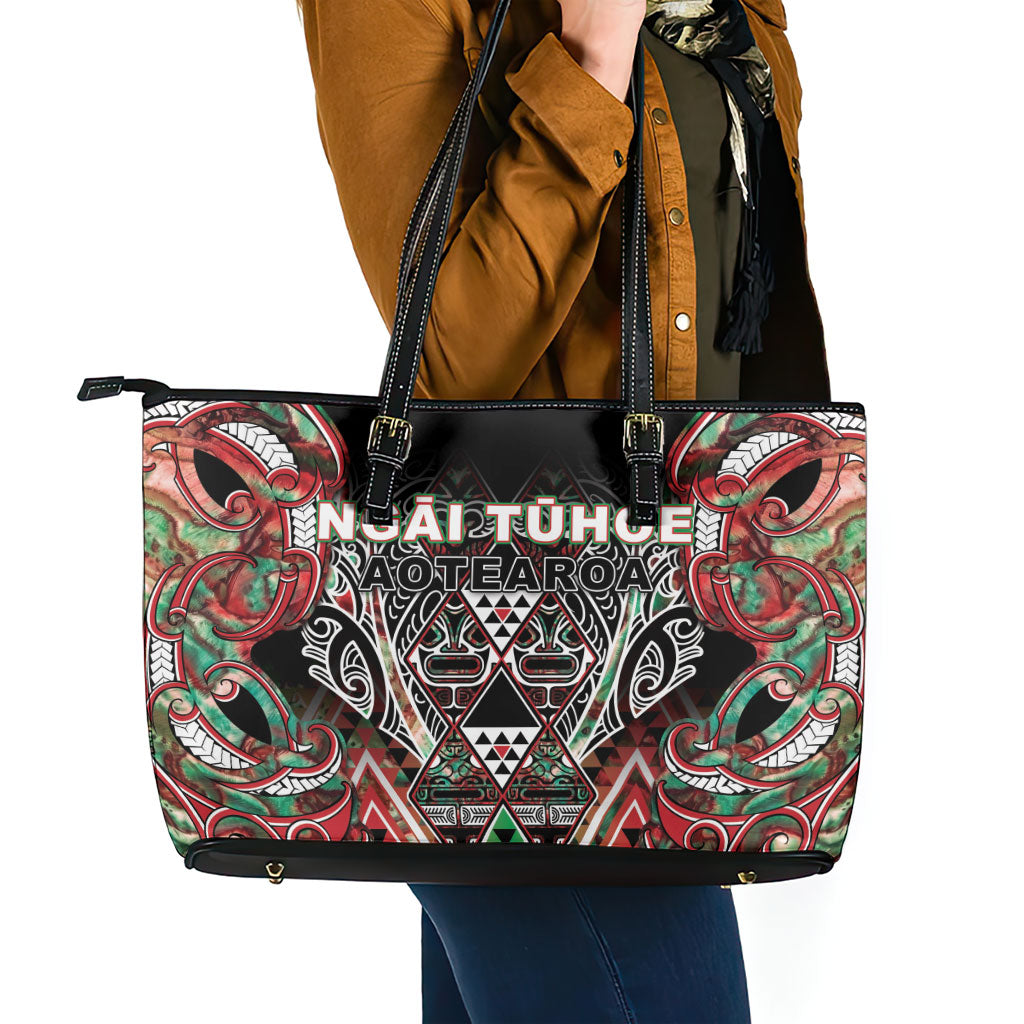 Aotearoa Ngai Tuhoe Leather Tote Bag Maori Tribal Red And Green Paua Shell Pattern DT05 - Polynesian Pride