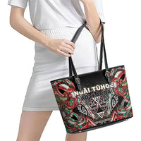 Aotearoa Ngai Tuhoe Leather Tote Bag Maori Tribal Red And Green Paua Shell Pattern DT05 - Polynesian Pride