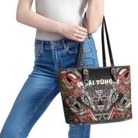 Aotearoa Ngai Tuhoe Leather Tote Bag Maori Tribal Red And Green Paua Shell Pattern DT05 - Polynesian Pride