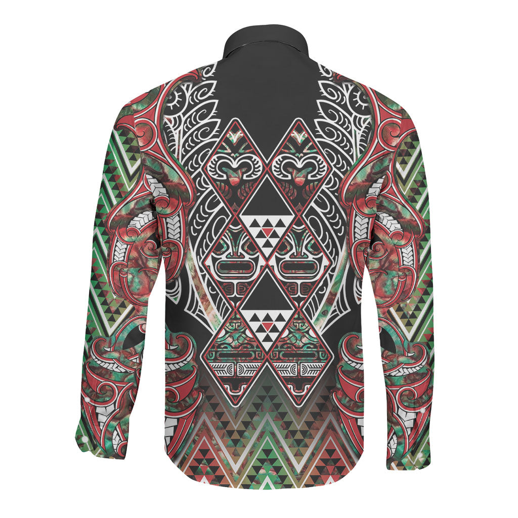 Aotearoa Ngai Tuhoe Long Sleeve Button Shirt Maori Tribal Red And Green Paua Shell Pattern DT05 - Polynesian Pride