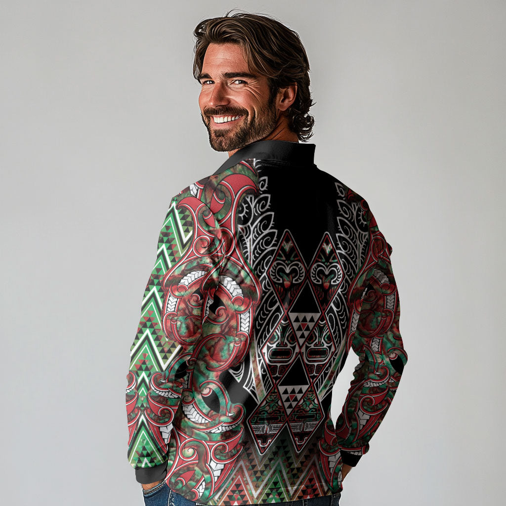 Aotearoa Ngai Tuhoe Long Sleeve Polo Shirt Maori Tribal Red And Green Paua Shell Pattern DT05 - Polynesian Pride
