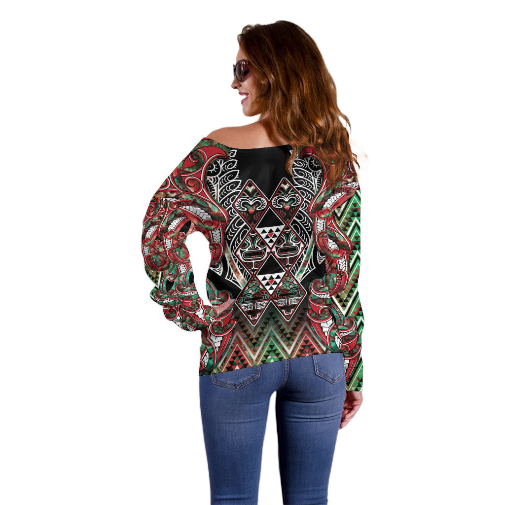 Aotearoa Ngai Tuhoe Off Shoulder Sweater Maori Tribal Red And Green Paua Shell Pattern DT05 - Polynesian Pride