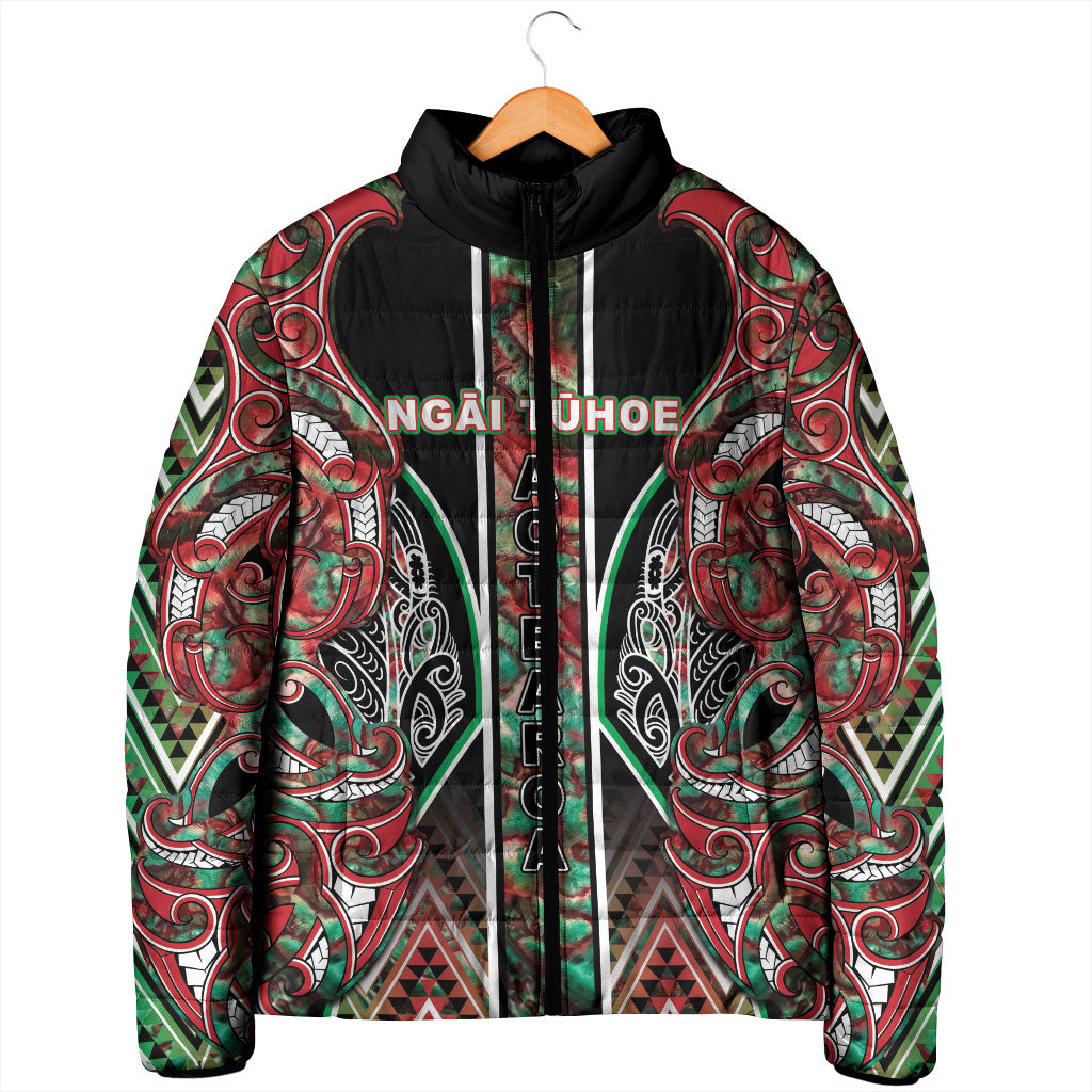 Aotearoa Ngai Tuhoe Padded Jacket Maori Tribal Red And Green Paua Shell Pattern DT05 - Polynesian Pride