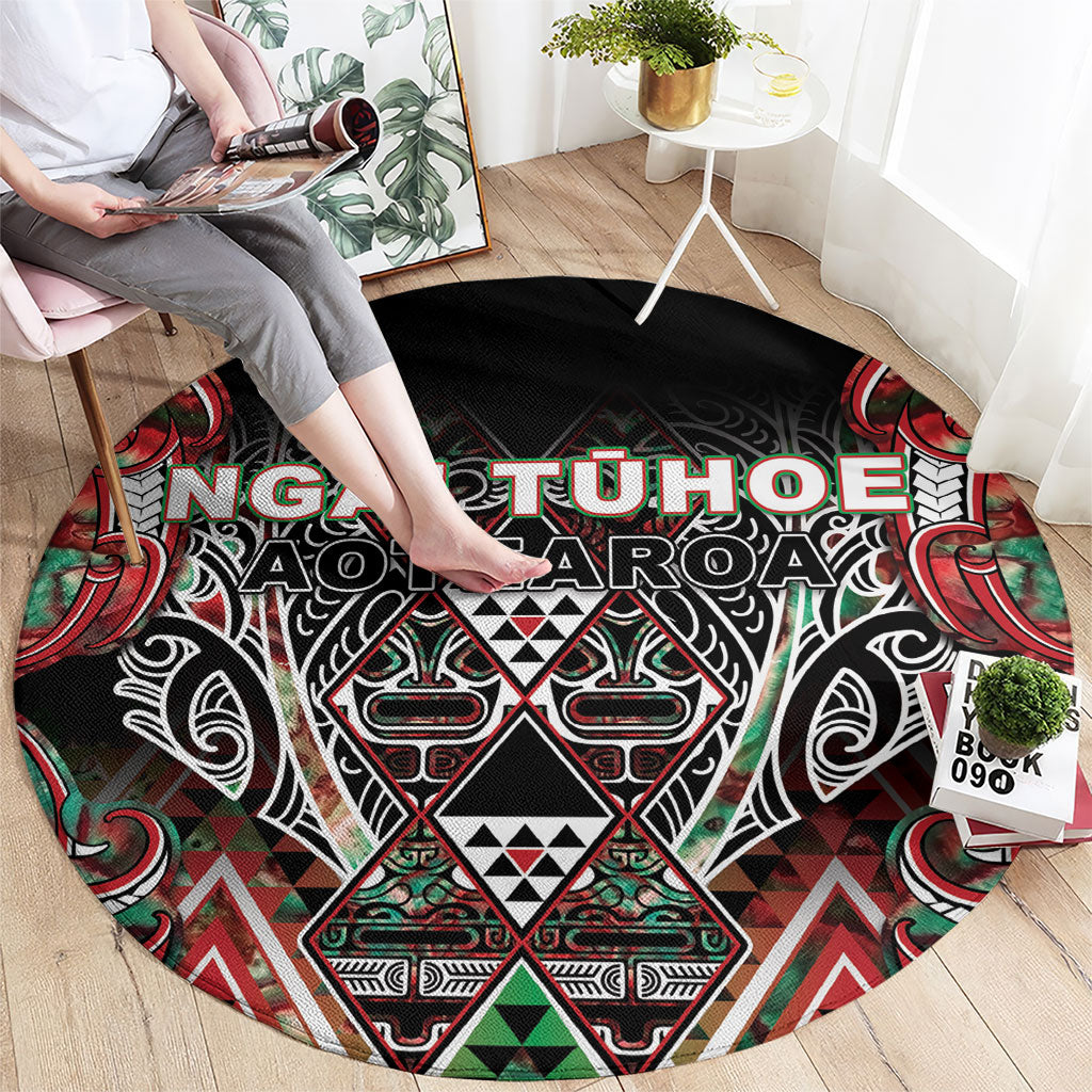 Aotearoa Ngai Tuhoe Round Carpet Maori Tribal Red And Green Paua Shell Pattern DT05 - Polynesian Pride
