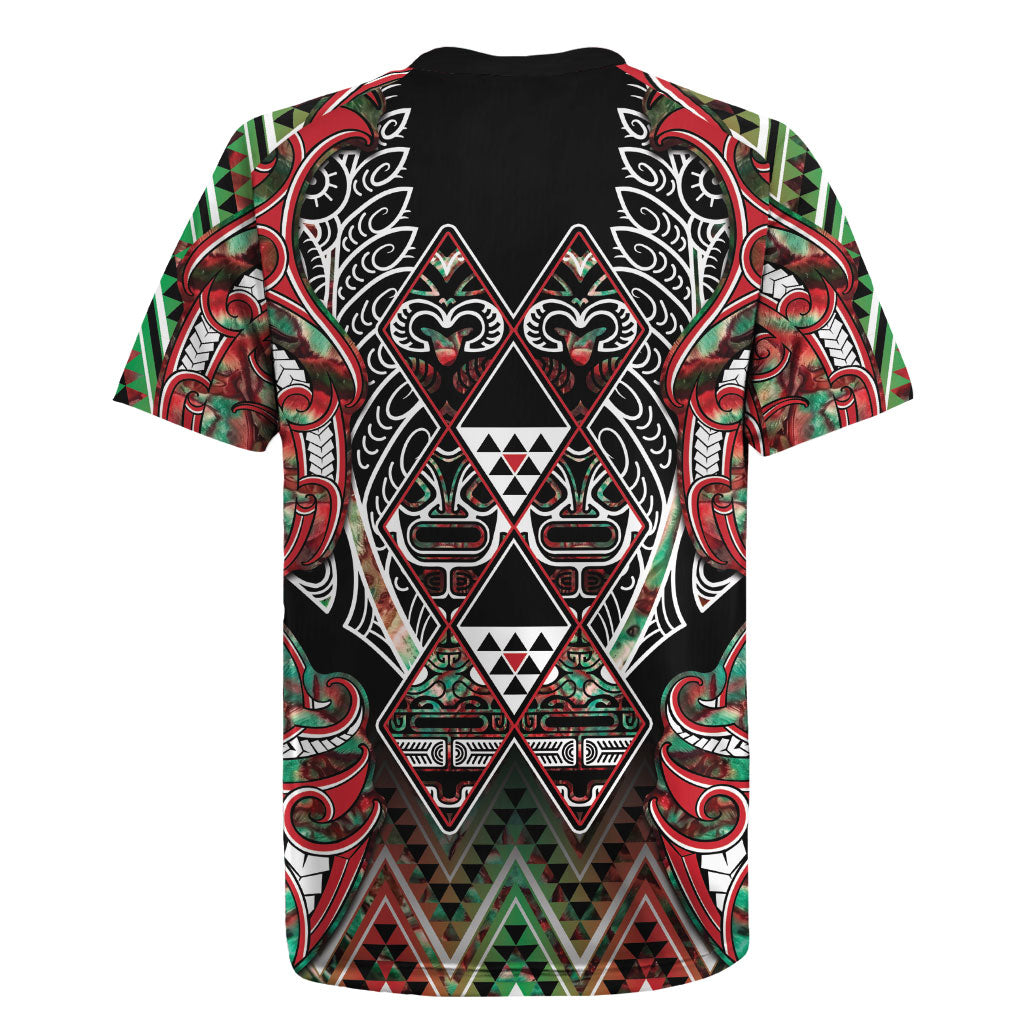 Aotearoa Ngai Tuhoe Rugby Jersey Maori Tribal Red And Green Paua Shell Pattern DT05 - Polynesian Pride