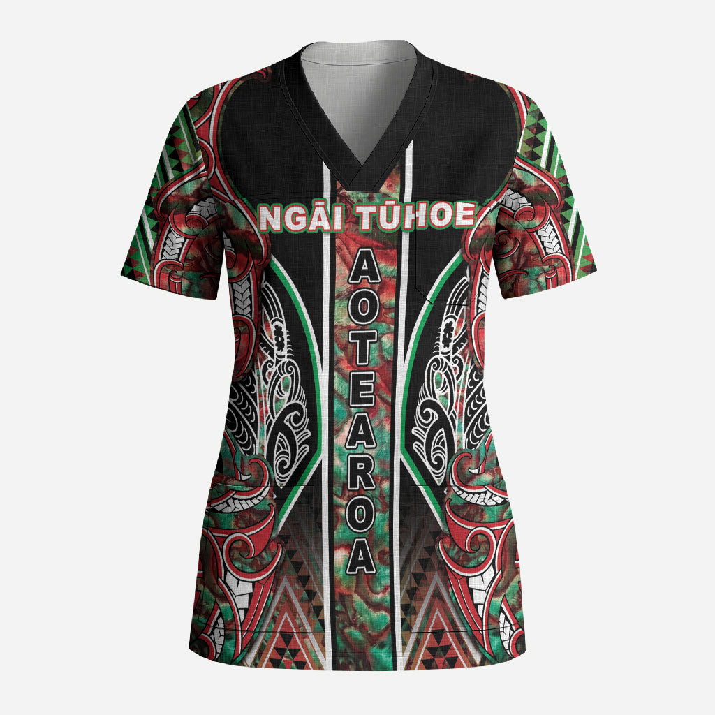 Aotearoa Ngai Tuhoe Scrub Top Maori Tribal Red And Green Paua Shell Pattern DT05 Adult Red - Polynesian Pride