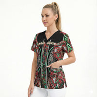 Aotearoa Ngai Tuhoe Scrub Top Maori Tribal Red And Green Paua Shell Pattern DT05 - Polynesian Pride