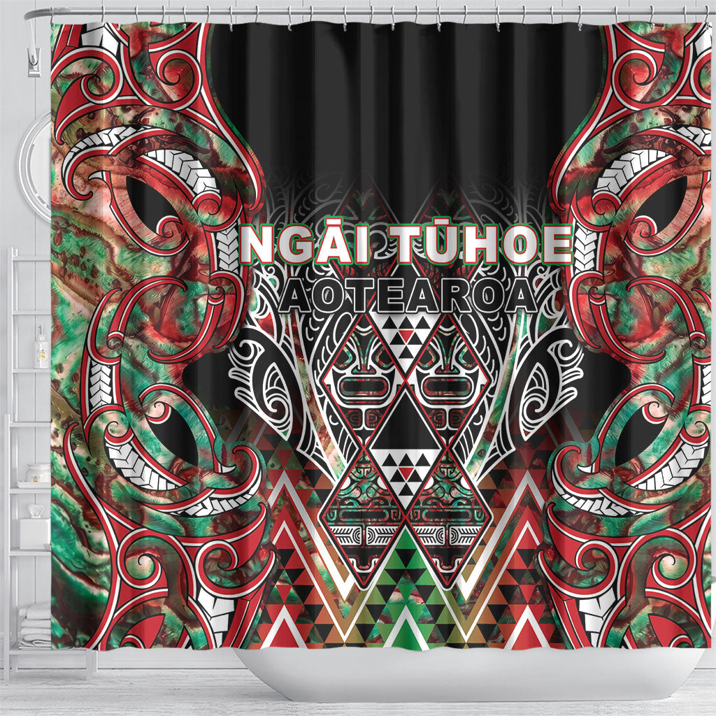 Aotearoa Ngai Tuhoe Shower Curtain Maori Tribal Red And Green Paua Shell Pattern DT05 - Polynesian Pride