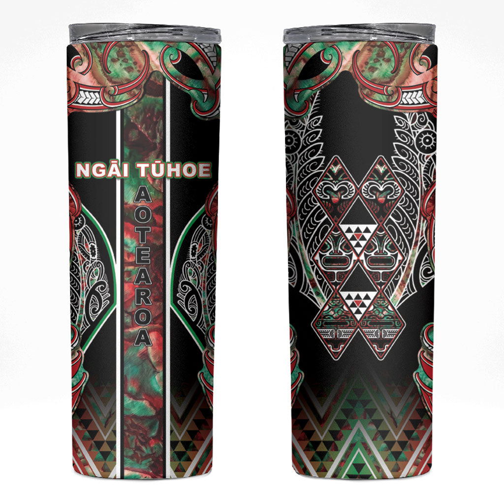 Aotearoa Ngai Tuhoe Skinny Tumbler Maori Tribal Red And Green Paua Shell Pattern DT05 Red - Polynesian Pride