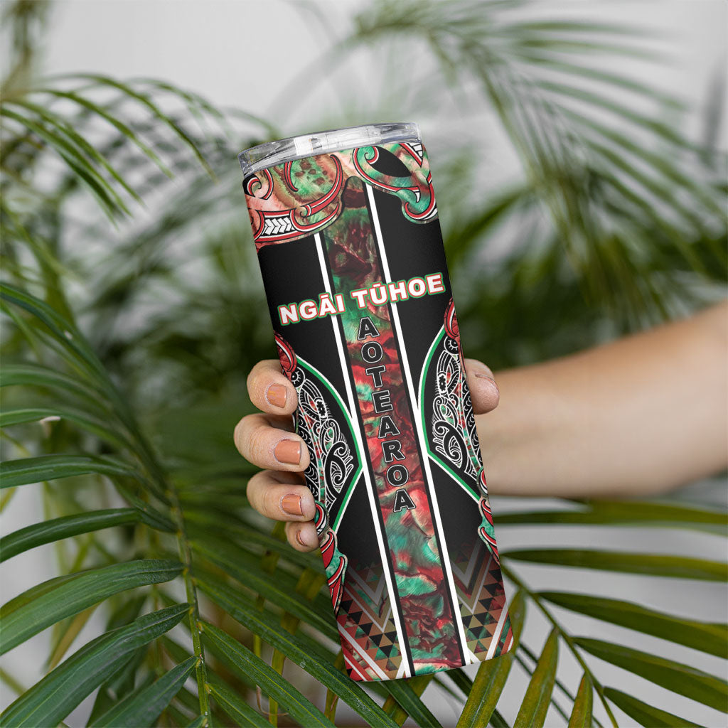 Aotearoa Ngai Tuhoe Skinny Tumbler Maori Tribal Red And Green Paua Shell Pattern DT05 - Polynesian Pride