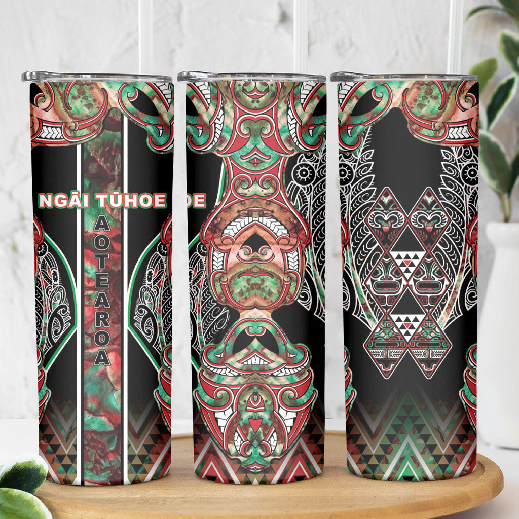 Aotearoa Ngai Tuhoe Skinny Tumbler Maori Tribal Red And Green Paua Shell Pattern DT05 - Polynesian Pride