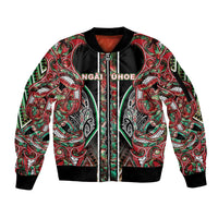 Aotearoa Ngai Tuhoe Sleeve Zip Bomber Jacket Maori Tribal Red And Green Paua Shell Pattern DT05 Unisex Red - Polynesian Pride