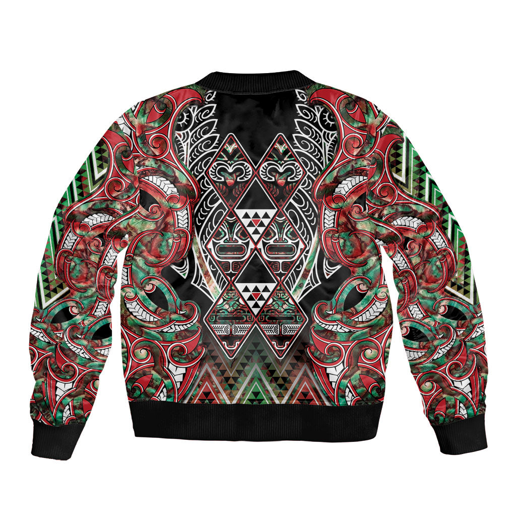 Aotearoa Ngai Tuhoe Sleeve Zip Bomber Jacket Maori Tribal Red And Green Paua Shell Pattern DT05 - Polynesian Pride