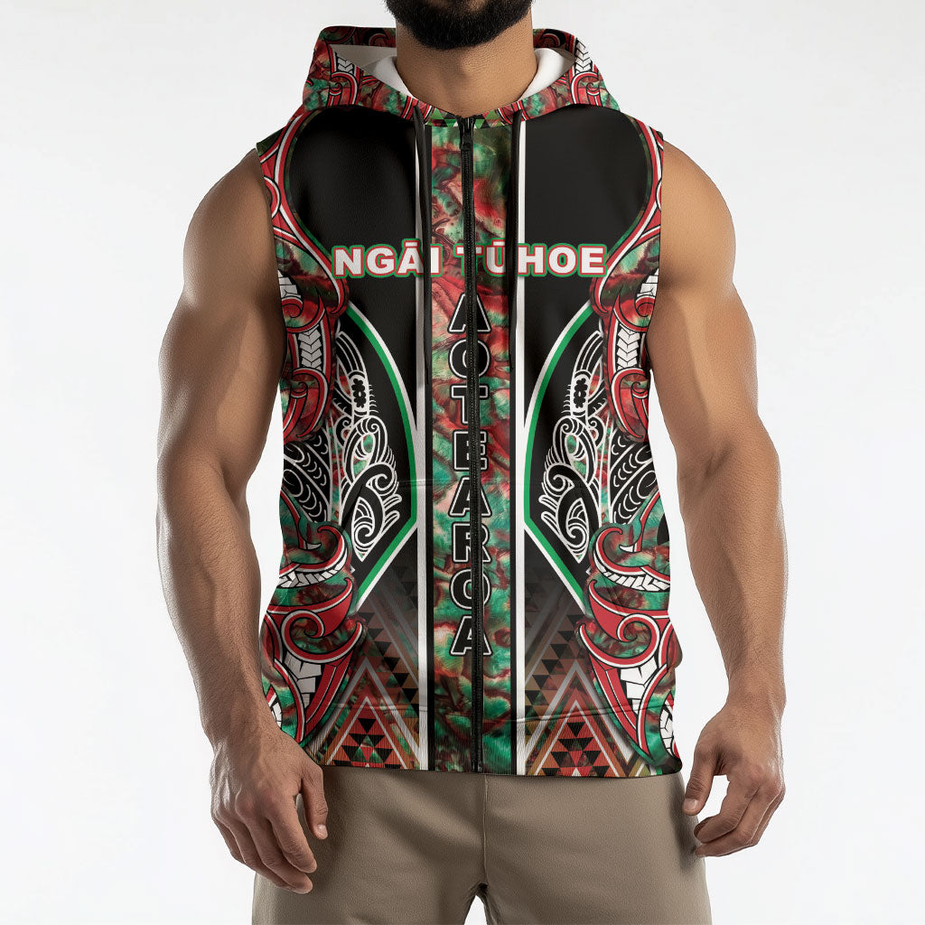 Aotearoa Ngai Tuhoe Sleeveless Zip Hoodie Maori Tribal Red And Green Paua Shell Pattern DT05 - Polynesian Pride