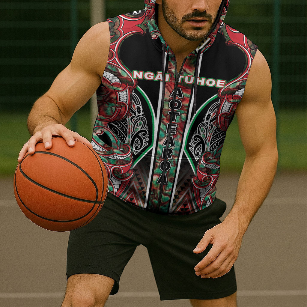 Aotearoa Ngai Tuhoe Sleeveless Zip Hoodie Maori Tribal Red And Green Paua Shell Pattern DT05 - Polynesian Pride